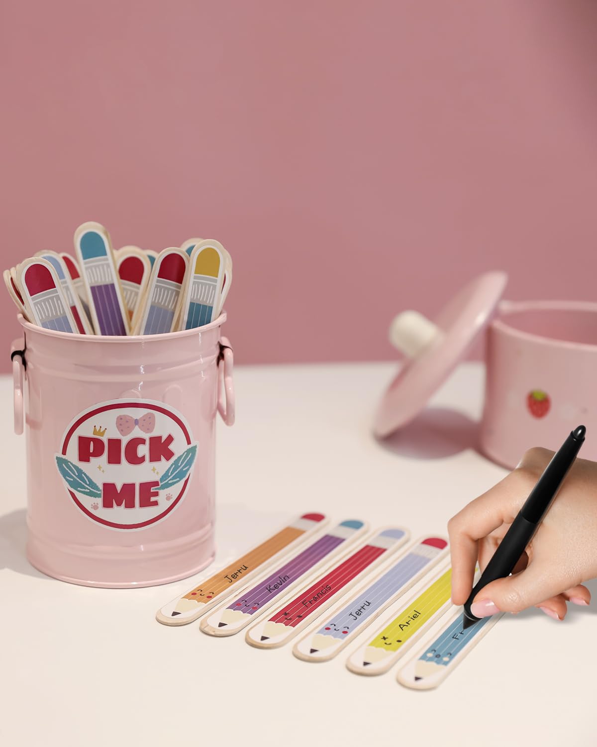 Flip Name Sticks with Metal Box and Sticker, 36Pcs Talking Flip Name Sticks for Classroom Management, Teacher Essentials Student Educational and Learning Activities (Pencil)