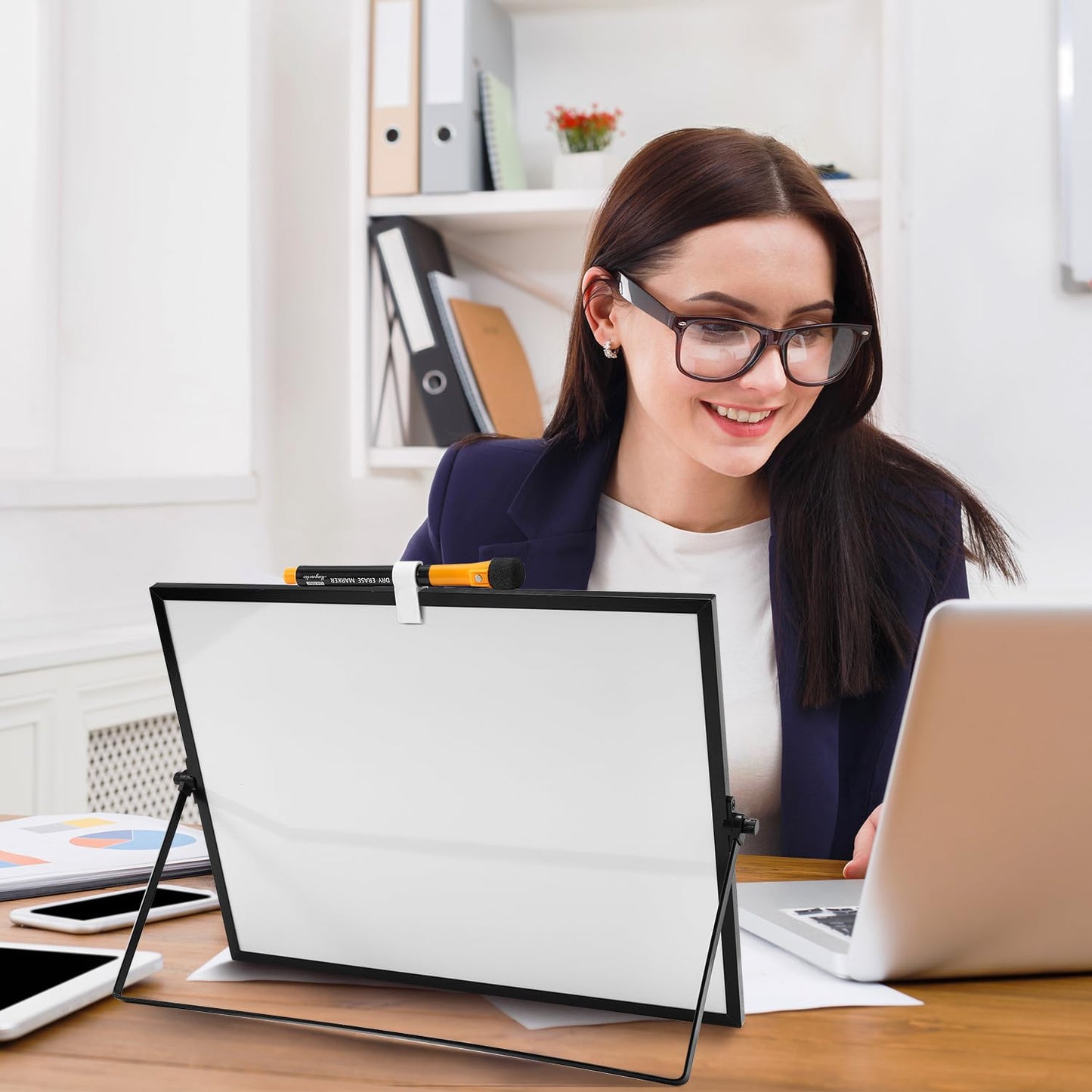 TSJ OFFICE Small White Board - 12 X 16 Inches Small Magnetic Dry Erase Board with Hooks for Wall, Desktop Whiteboard Stand 360 Degrees Revolving Double Sided for Office, Home, School, Black