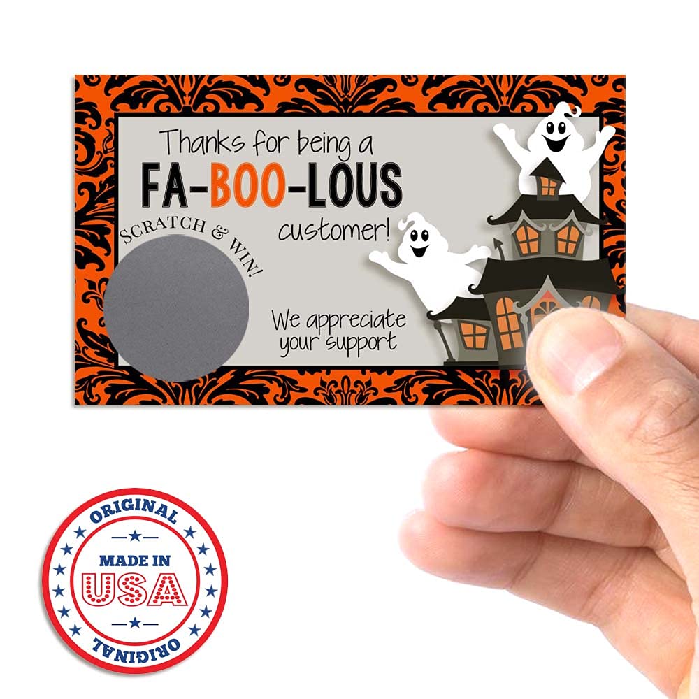 Amanda Creation Funny Fabulous Customer Halloween Ghost Scratch & Win Customer Appreciation Package Inserts for Small Businesses, 20 2" X 3.5” Single Sided Insert Cards with Scratch Off Stickers