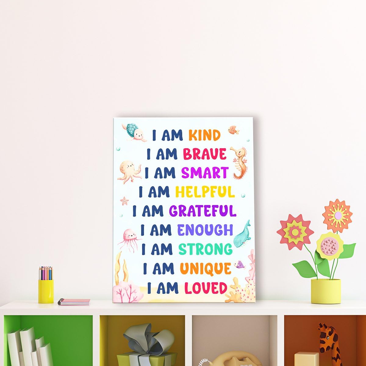 OTINGQD Positive Affirmations Wall Decor for Kids,I Am Kind Smart Canvas Wall Art,Nursery Marine Animal Wall Art,Inspirational Wall Decor for Kids Room Classroom Nursery