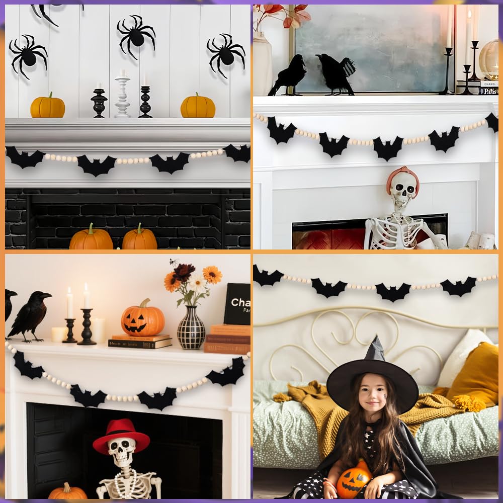 Vellibring 6.56Ft Halloween Garlands Decorations,Spooky Black Felt Bats Garland with Wooden Beads Halloween Adjustable Farmhouse Banner for Room Indoor Party Wall Fireplace Doorway Decor