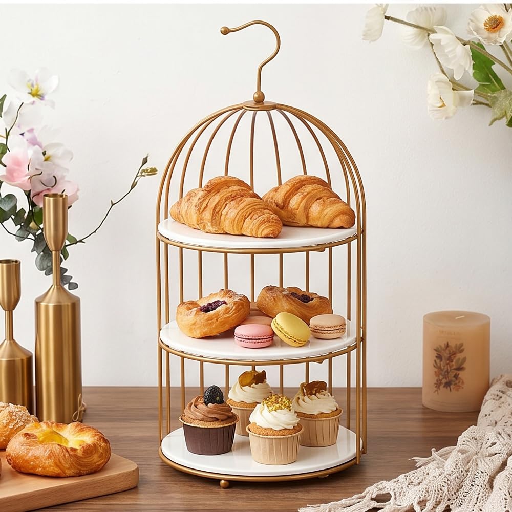 AIJIDIWO Gold Bird Cage Cupcake Stand Set, 2-Piece 3-Tier and 2-Tier Acrylic Dessert Display Trays, Metal Serving Stands for Wedding, Birthday, Baby Shower, Tea Party and Buffet Table Decor