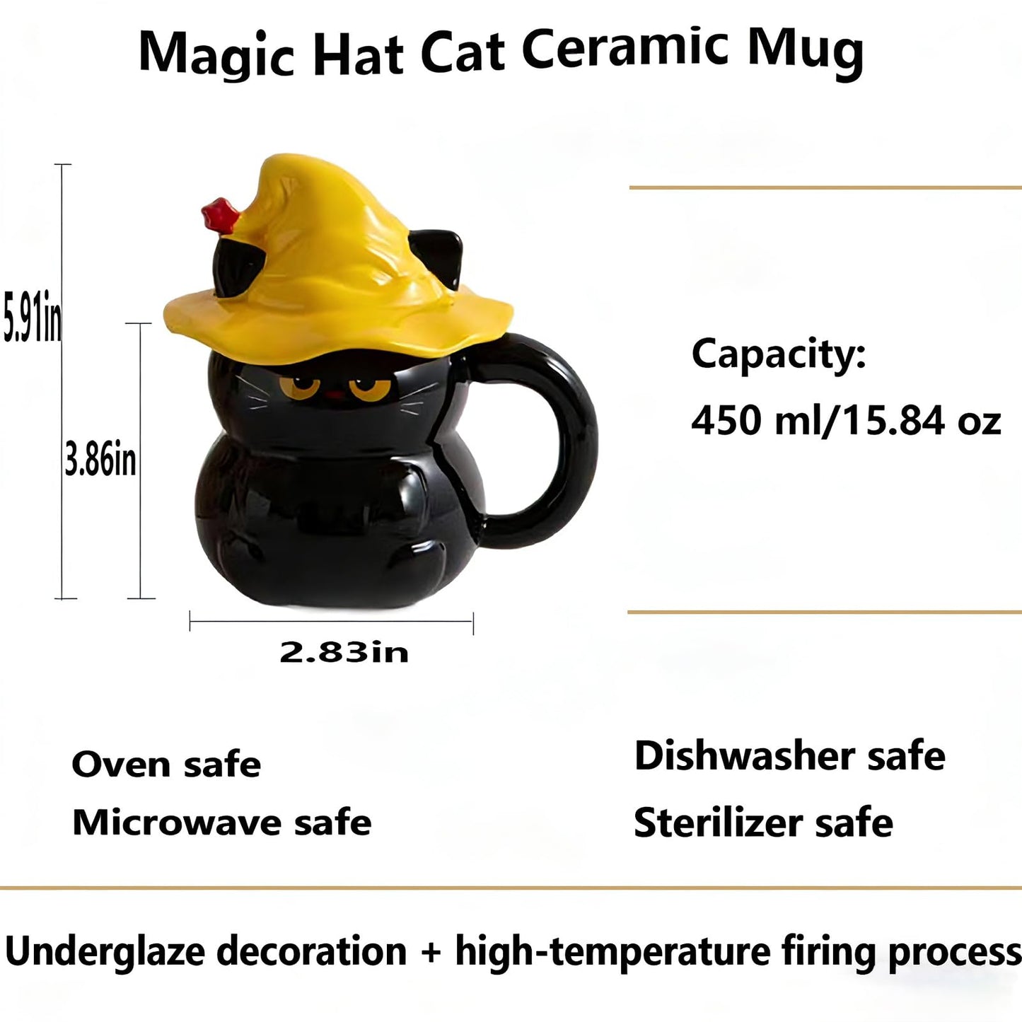 Umcnoi Cat Ceramic Coffee Mug - 15oz Cute Cat Lover Gift For Women - Funny Kitty Tea Cup With Spoon & Wizard Hat Lid - Cats Gifts For Women & Daily Use (Black)