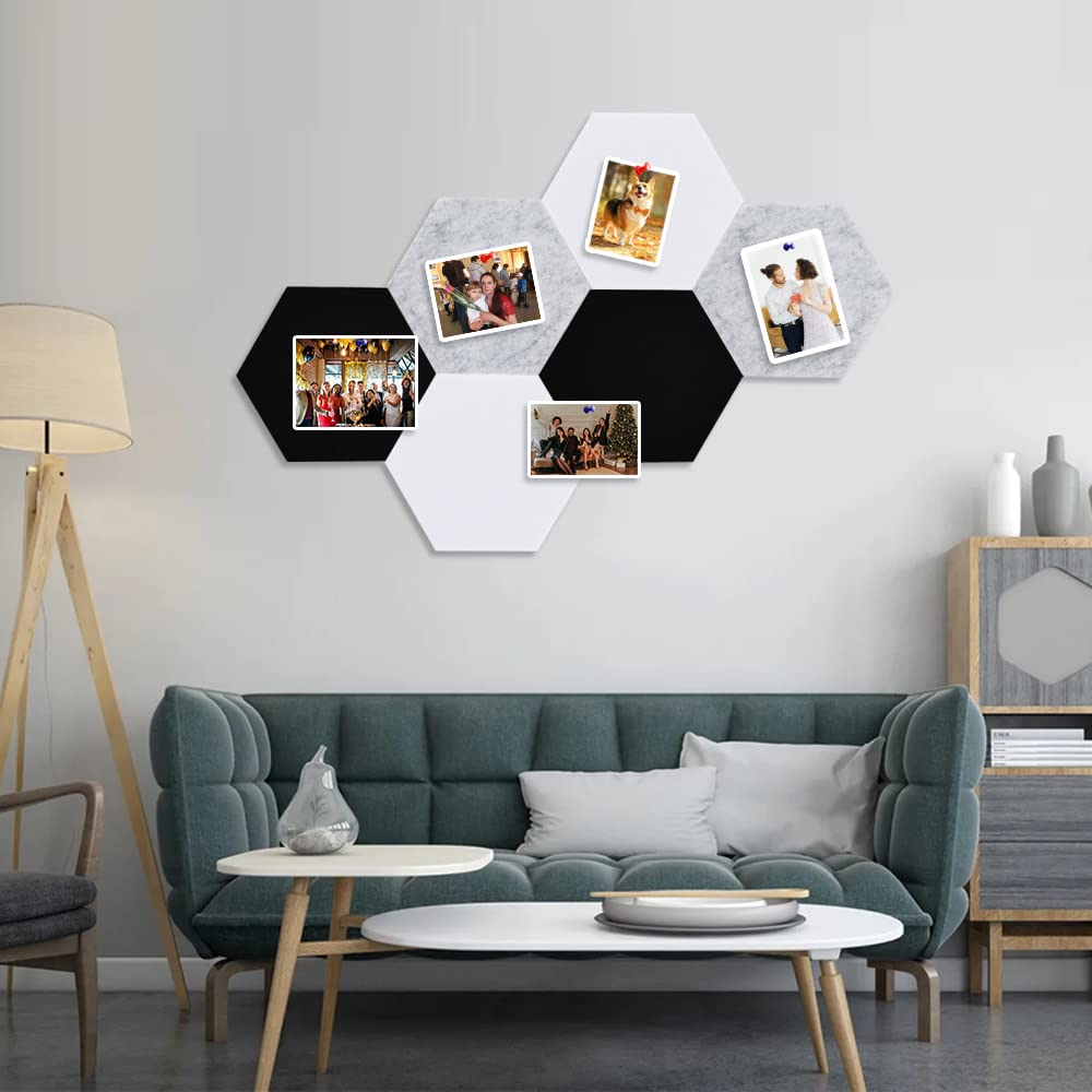 Vuzvuv 6 Pcs Hexagon Bulletin Board with 50 Pushpins & Sticky Note Adhesive Cork Board for Wall,Felt Pin Board for School,Office Decor(Black White Grey)