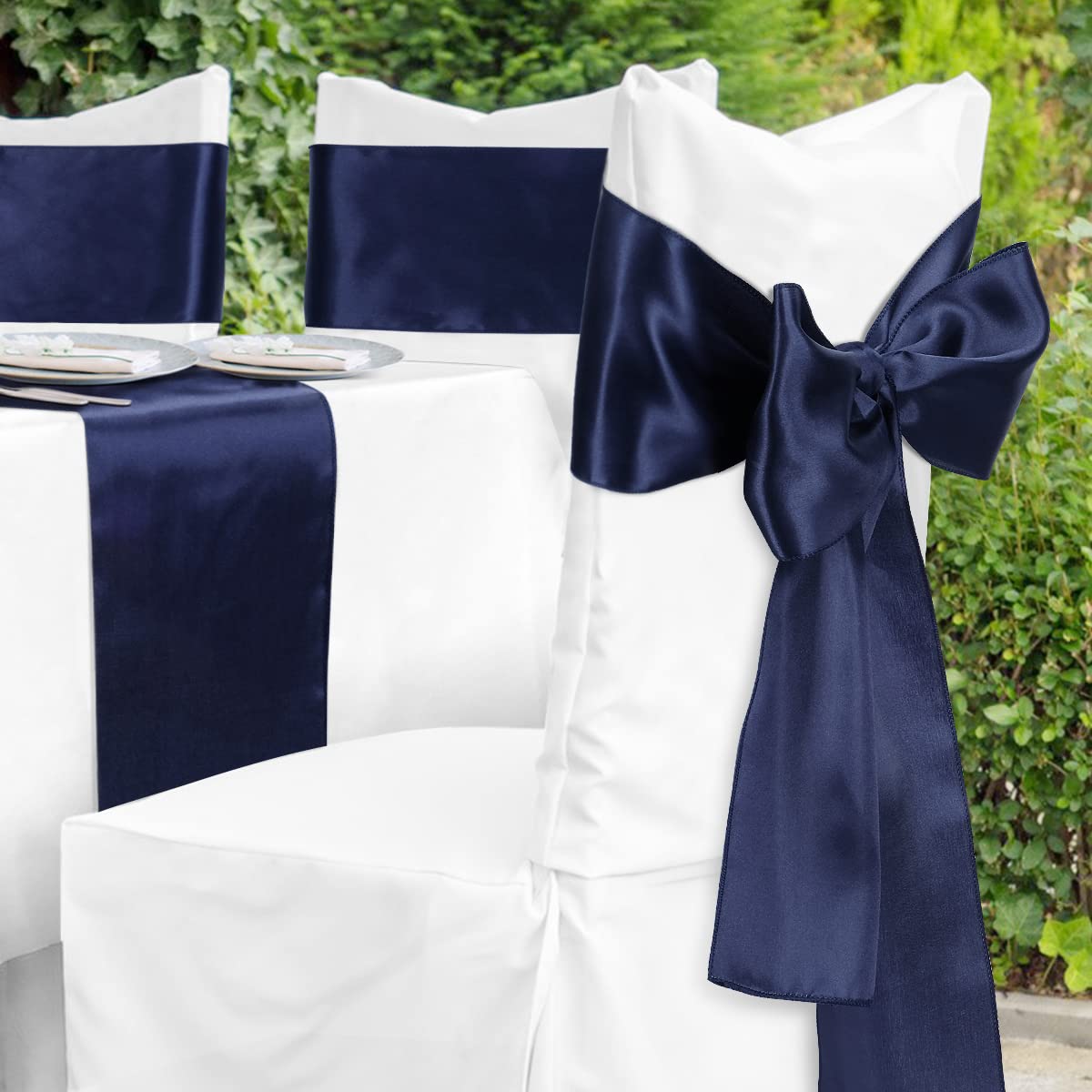 Satin Chair Sashes Ties - Babenest Upgraded 50 pcs Chair Ribbons Bows for Wedding Banquet Party Christmas Baby Shower Events Decoration (Navy Blue)