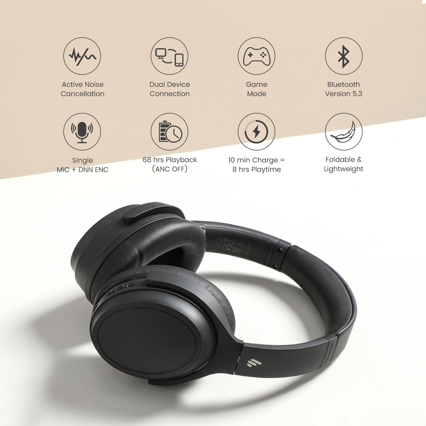 Edifier WH700NB Wireless Active Noise Cancellation Over-Ear Headphones, Bluetooth 5.3 Foldable Lightweight Headset, Dual Device Connection 68-Hour Battery Life, for Travel Home Office (Black)
