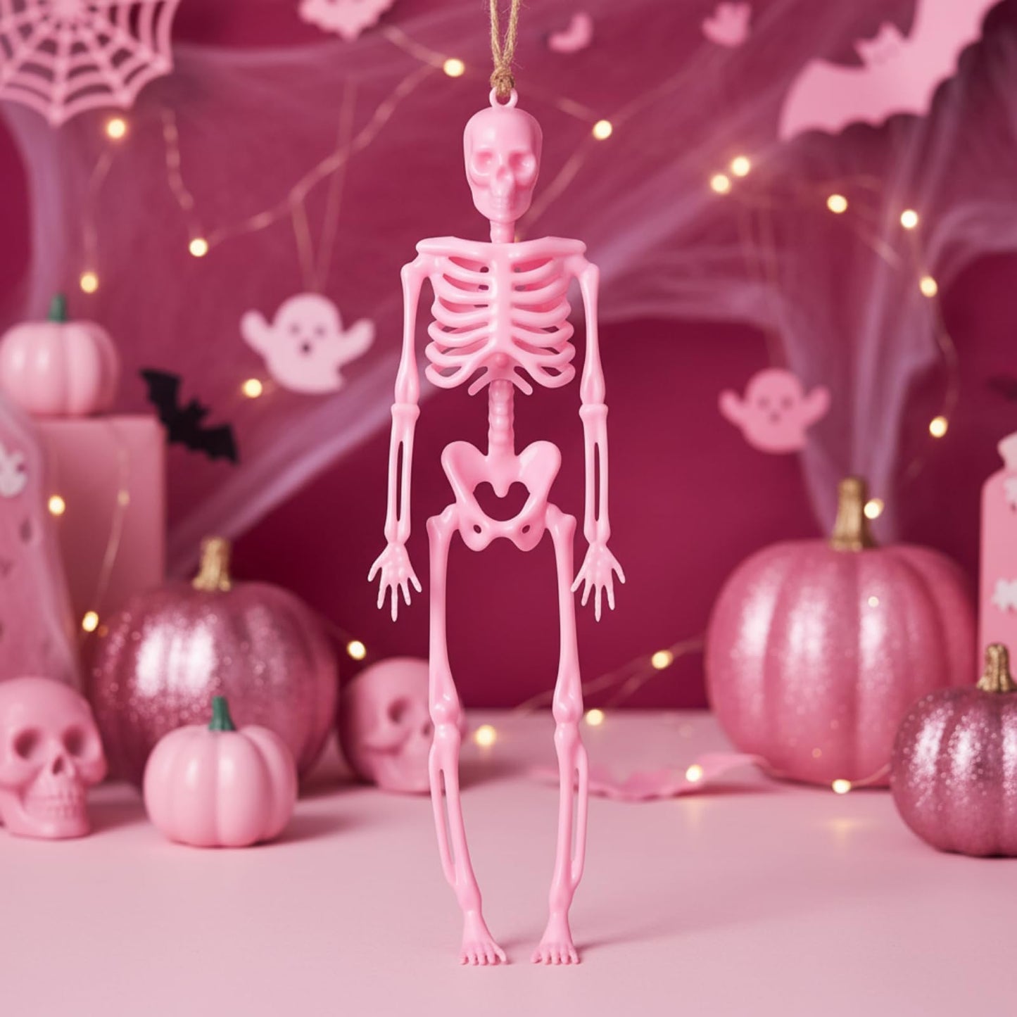 Roowest 36 Pcs Mini Skeleton Figurines Bulk, 6.7 Pink Halloween Skeletons Decor Small Plastic Hanging Skeletons for Halloween Craft Graveyard Haunted House Accessories Party Decor