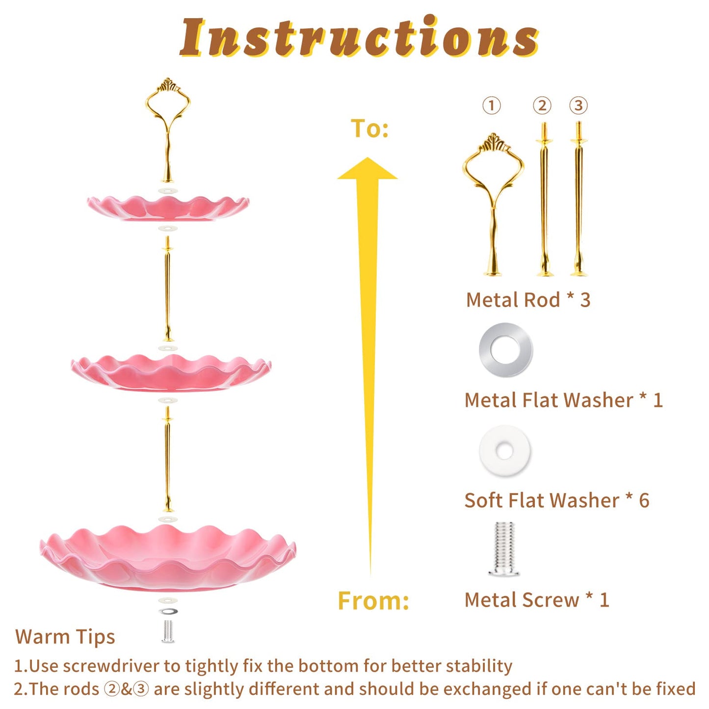 3 Tier Cupcake Stand Holder, BACUTHY Plastic Cup Cake Stand Tower with Tiered Serving Tray for Cupcakes, Donuts, Fruits and More, Pink