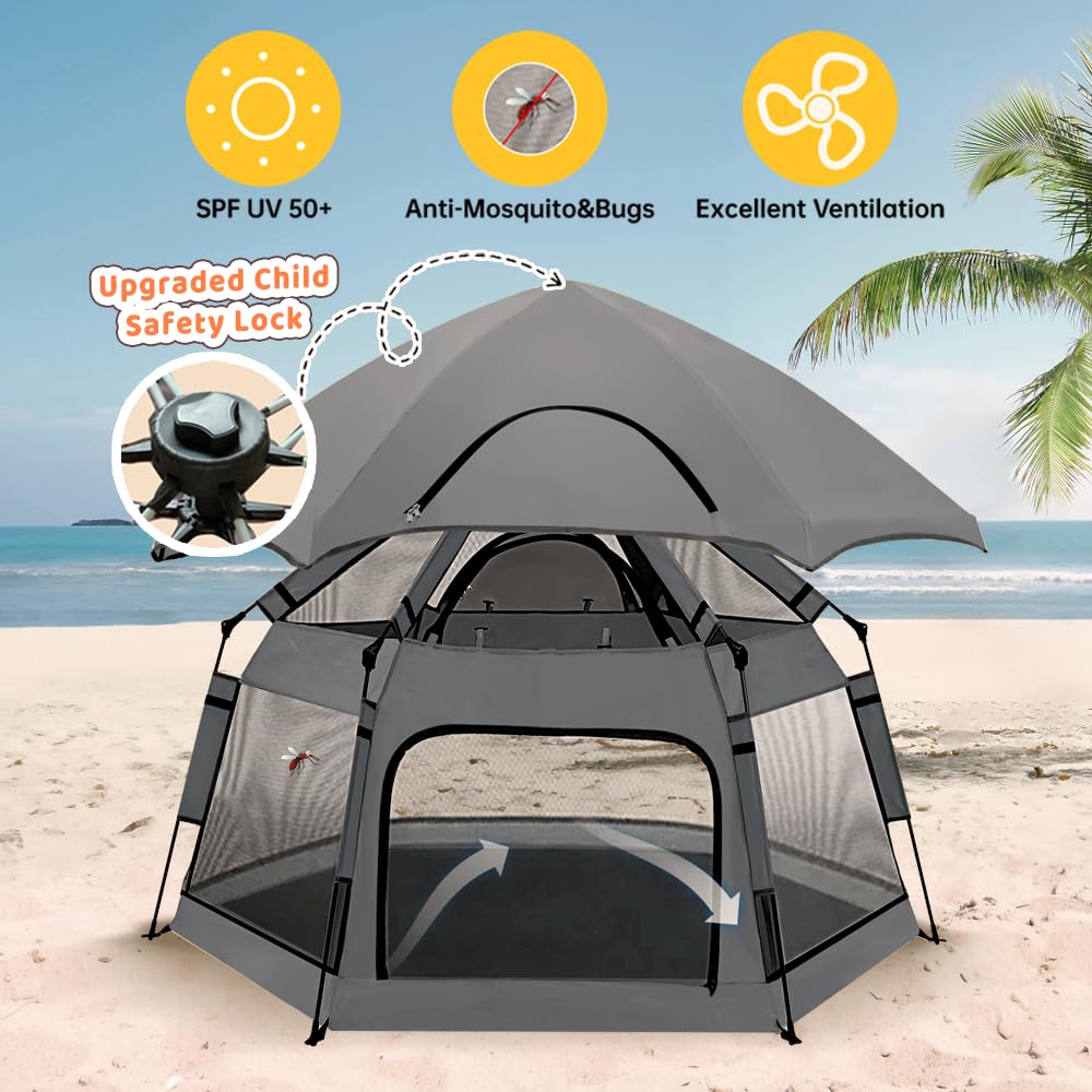 Pop Up Playpen for Babies with Canopy & Safety Lock - Outdoor Baby Playpen with 6 Ground Stakes & 6 Sand Stakes, UV Protection & Carry Bag, Instant Beach Tent for Indoor/Outdoor Use(Grey)