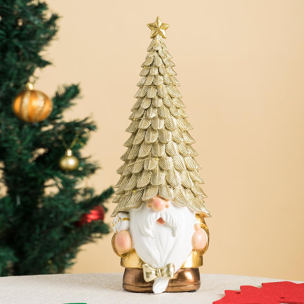 BGBWBFBR 11.4 Inch Whimsical Gnome Figurine - Glowing Tree Hat Decor, Cozy Home/Yard Accent for Everyday & Gatherings (Gold Accents)