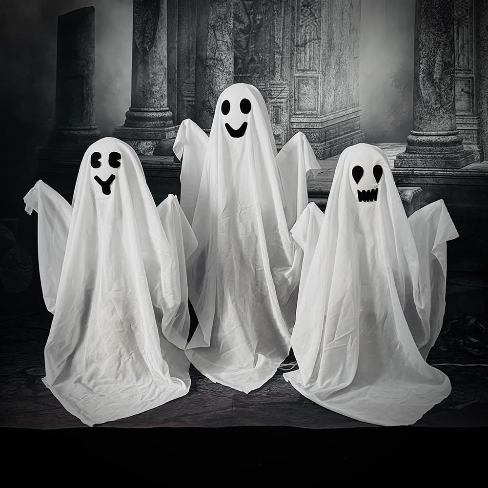 3 Pack Halloween Ghosts Decorations Outdoor,White Cloth Ghosts Stakes with Incandescent Light, Holiday Party Home Haunted House Yard Art, Front Yard Patio Lawn Garden Decor