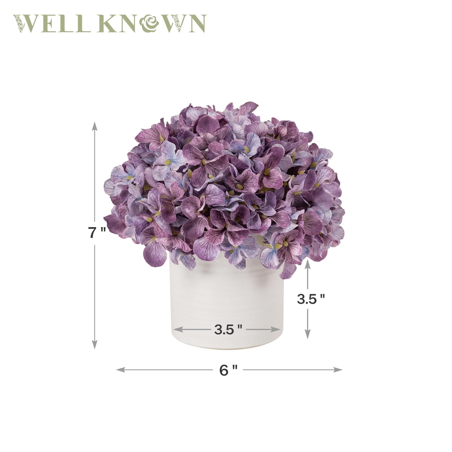 Hydrangea Fake Flowers in Vase, Artificial Flowers with Ceramic Vase Small Faux Potted Floral Arrangements for Bathroom Home Desk Kitchen Counter Vanity Shelf Coffee Table Centerpiece Decor (Purple)
