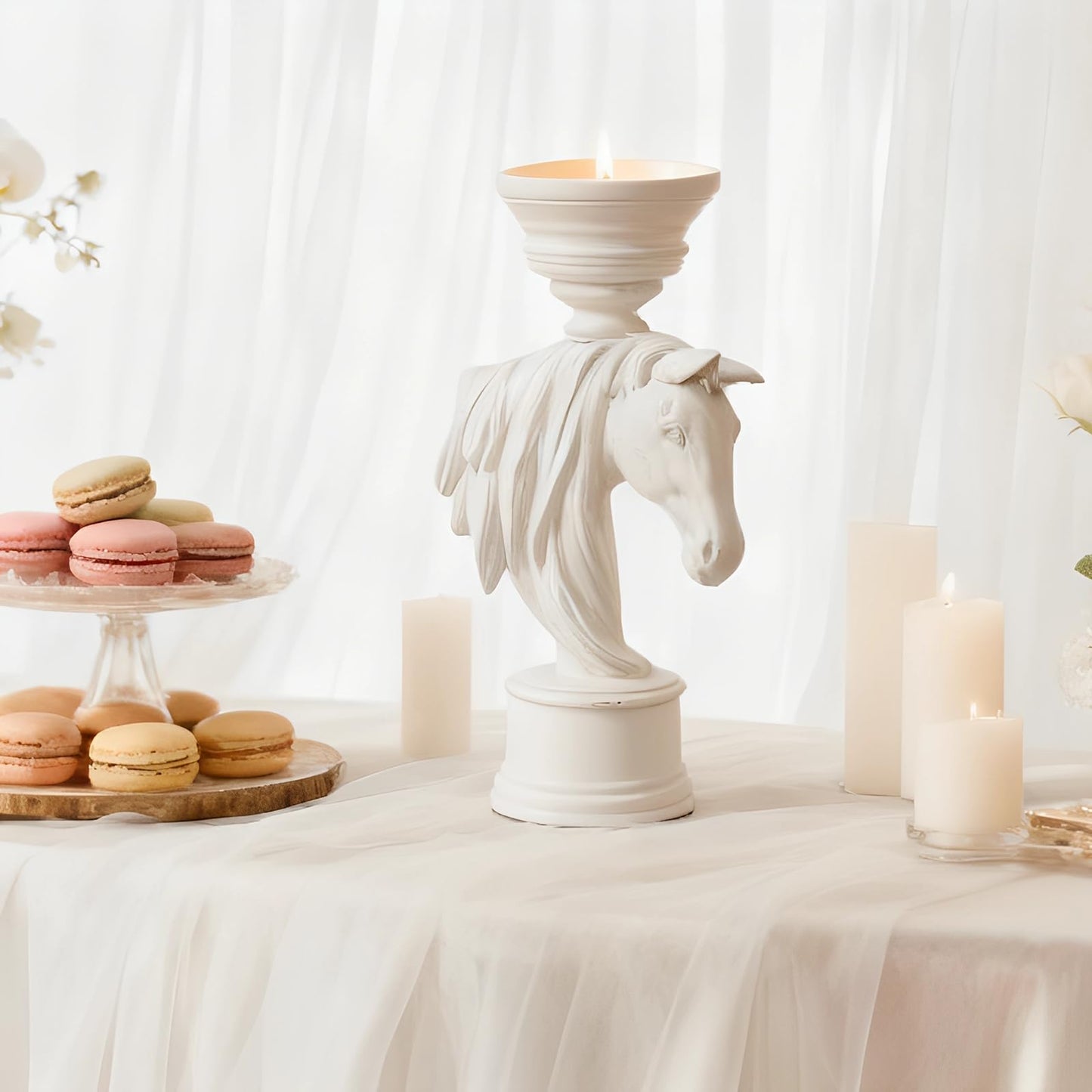 Horse Candle Holder 12 Inch – Rustic Equestrian Stallion Figurine for Farmhouse Table Centerpiece, Western Mantel Decor, Entryway Console Display, Resin Horse Statue with Pillar Candle Tray