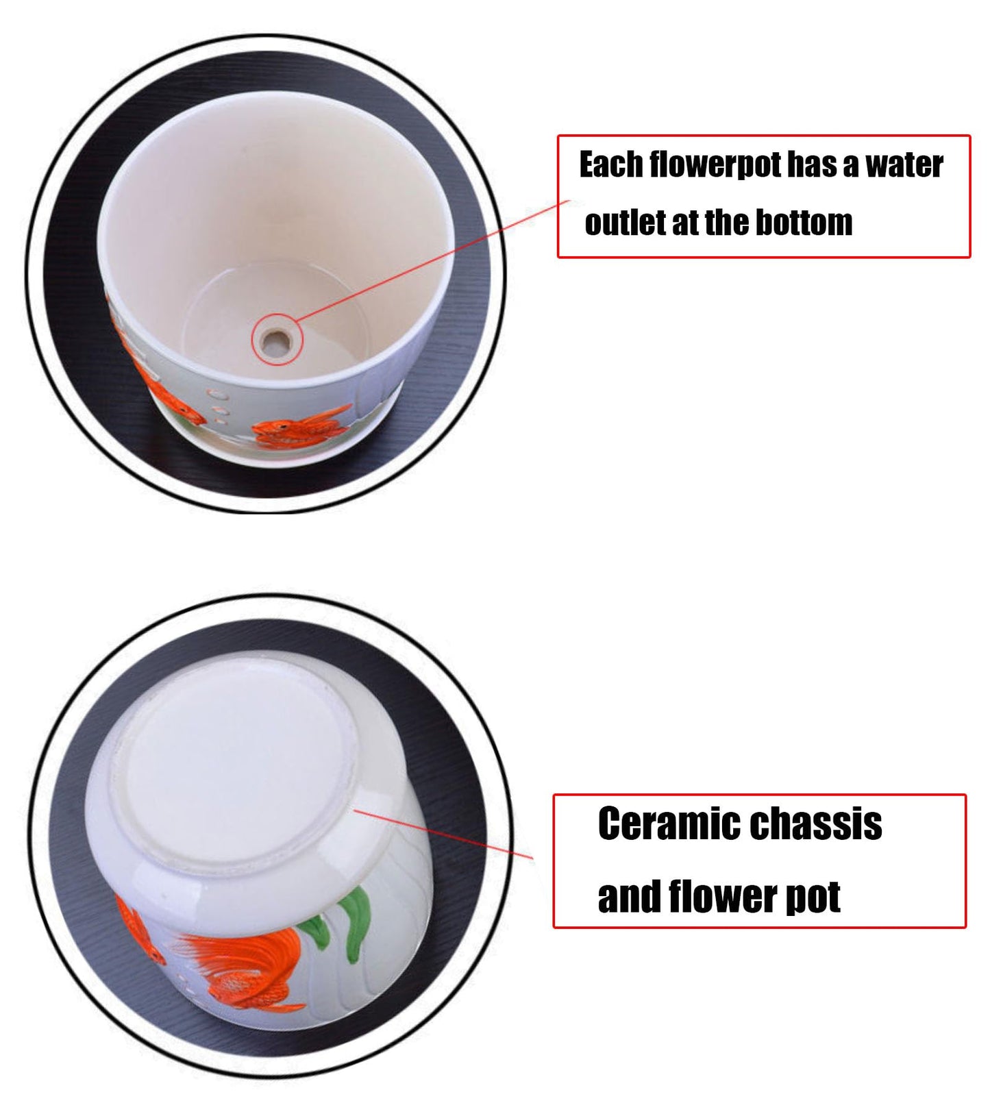 Brother Yixiu Ceramic Home/Garden Modern Flower Planter Pot with Saucer/Tray - Outside Red Fish Design,Meaning More Than Enough Year After Year (Like a Fish in Water)