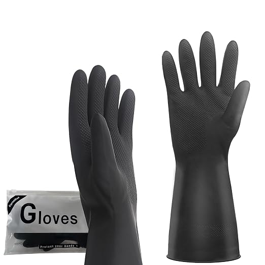 Heavy-Duty Thick Black Rubber Cleaning Gloves, 3 Pairs, L | Reusable & waterproof black/orange dual layers. Non-slip design for dishwashing, kitchen cleaning, and auto care.