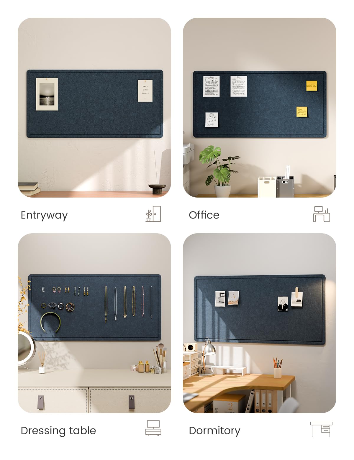 Fluxynara Bulletin Board, 35" x 17.5" Cork Board Alternative with 12 Safe Removable Adhesive Tabs, Foldable Felt Pin Board for Home Office, Classroom, Bedroom,Entryway for Walls—Carbon Blue