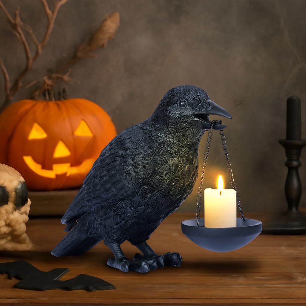Gothic Home Decor Raven Lamp Tealight Candle Holder Halloween Decorations Indoor Fake Crow Light Holder Resin Black Bird Statue for Living Room Fireplace Entrance Holiday Spooky Ornaments