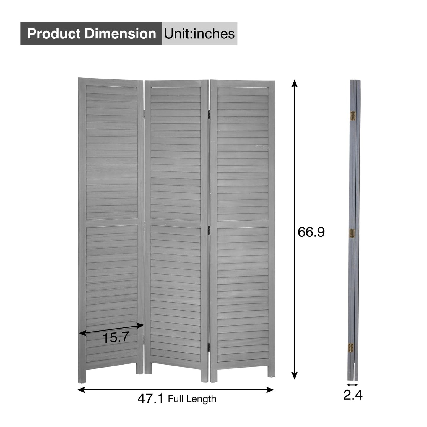 3 Panel Wood Room Divider 5.7 Ft Tall Privacy Wall Divider 67.7" x 16.9" Each Panel Folding Wood Screen for Home Office Bedroom Restaurant (Gray)