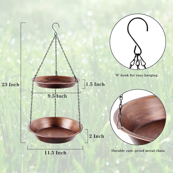 Hanging Bird Bath for Outdoor, 2-in-1 Antique Copper Metal Bird Feeder&Birdbath Bowls with 23" Rust-Proof Black Chains Backyard Birdbath Garden Decor