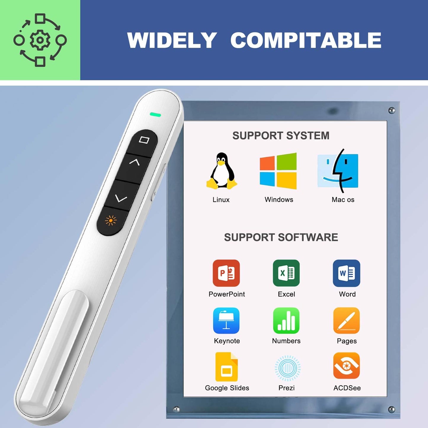 QUI Presentation Clicker with Volume Control, 2.4GHz USB Wireless Presenter Remote, PowerPoint Clicker Slide Advancer Compatible with Mac, Windows, Google Slides, Keynote