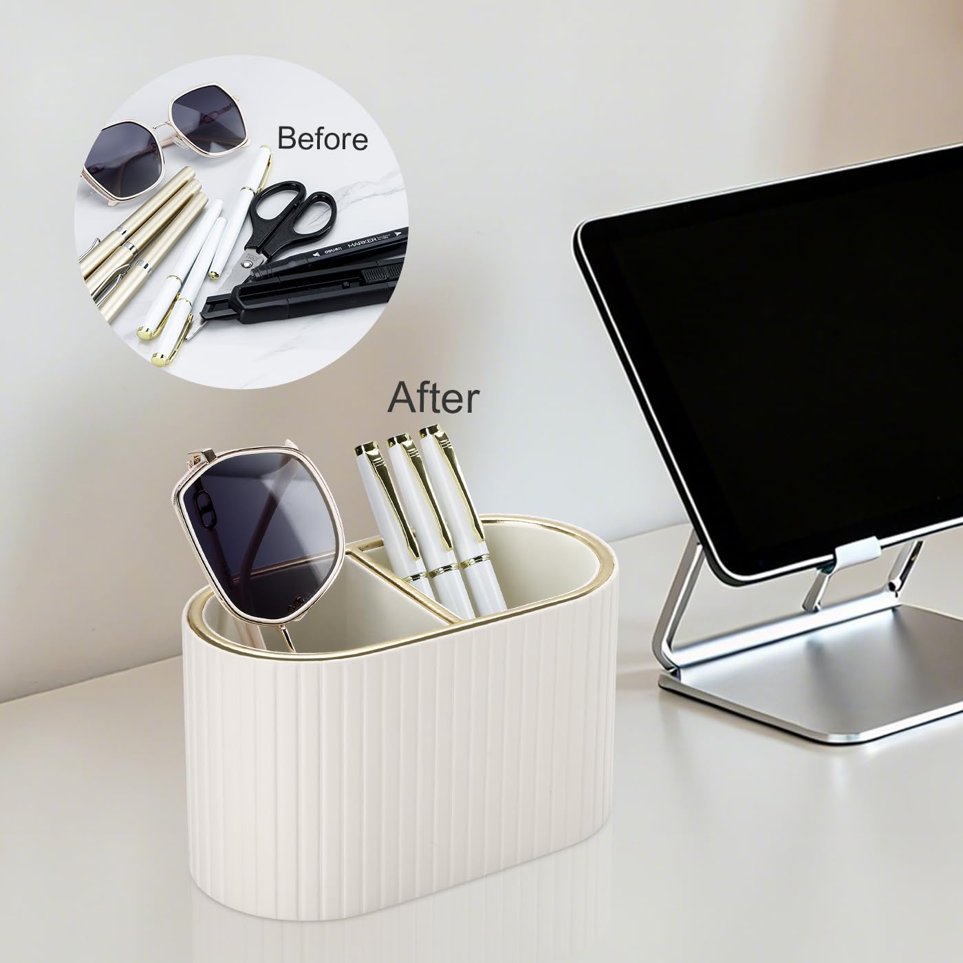 KINGFOM PU Leather Desk Organizer Pen Holder – Dual-Compartment Stylish Pencil Cup Remote Control Holder Desktop Supplies and Accessories Organizer Caddy for Office Home School (Light Beige)
