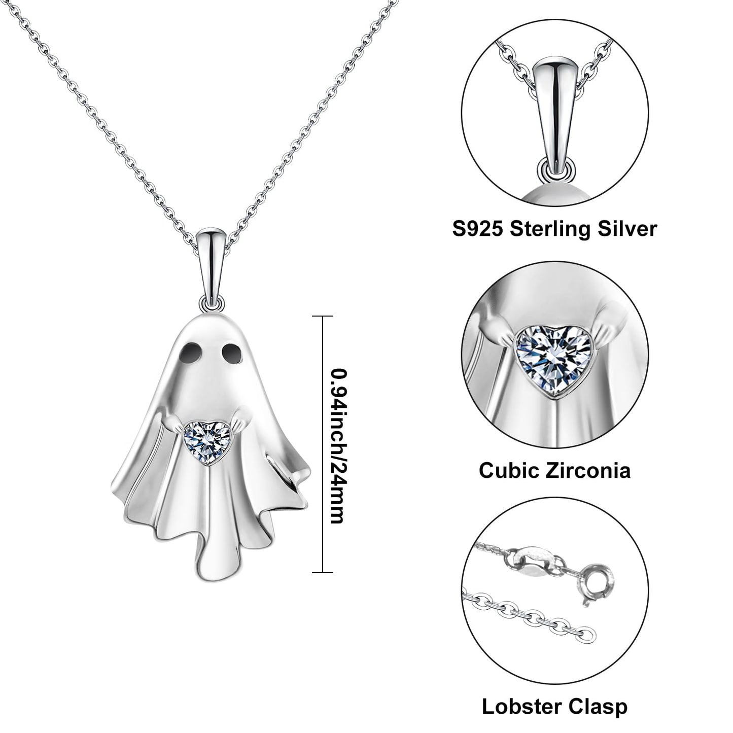 Halloween Ghost Necklace for Women S925 Sterling Silver Spooky Ghost Pendant With Heart Cz for Women Halloween Jewelry Gift