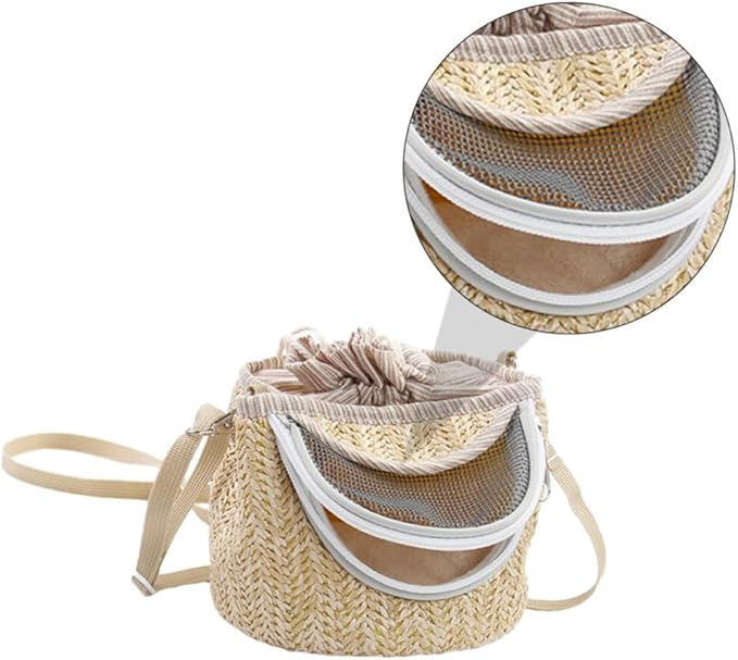 Portable Hamster Carrier with Ventilated Gauze Small Pet Carry-Out Bag Lightweight Straw-Woven Design for Outdoor Travel 5.51X5.51X4.72In