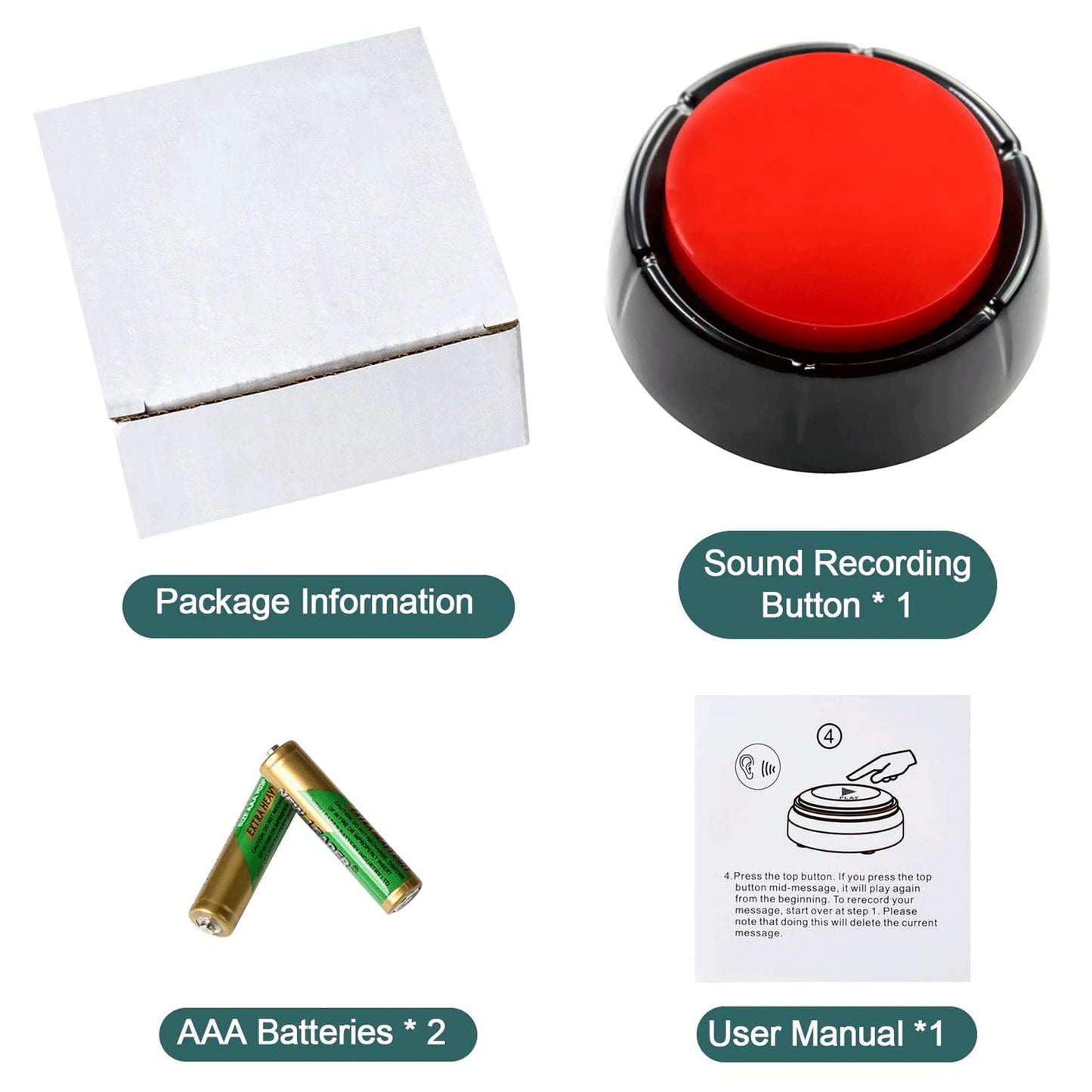 Recordable Talking Button 30 Seconds Record Button Easy Button Answer Buzzers Custom Sound Button for Communication Study Office Home Game Gift(Batteries Included)
