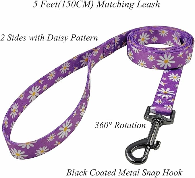 Dog Collar Leash Set, Floral Pattern, Polyester Material, Adjustable Collar and 5ft Matching Leash, for Large Dogs.(L, Purple Daisy)