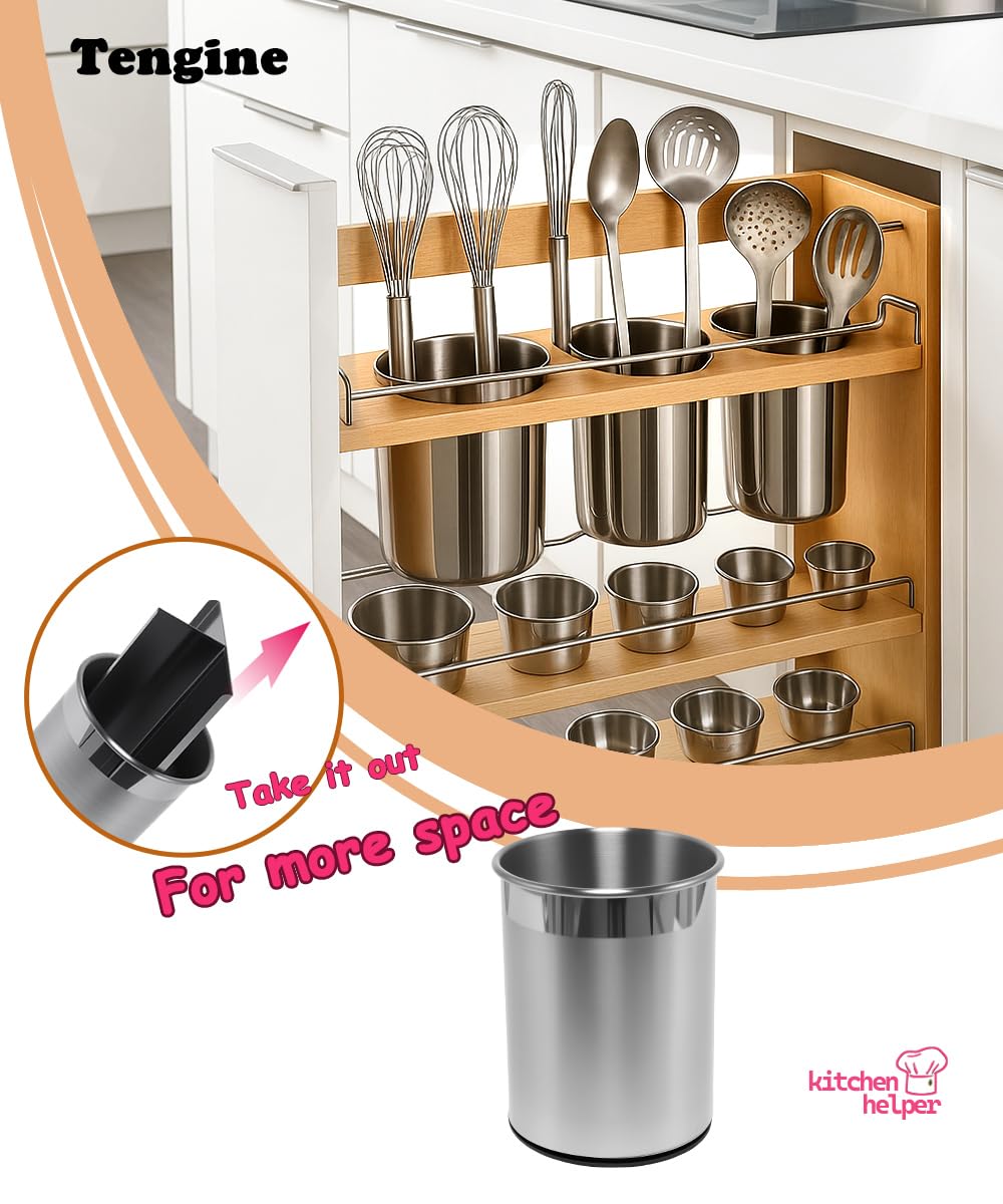 TENGINE Stainless Utensil Holder 360° Rotating 6.5X5.25 Inch Utensil Crocks for Kitchen Counter with Removable Divider Red