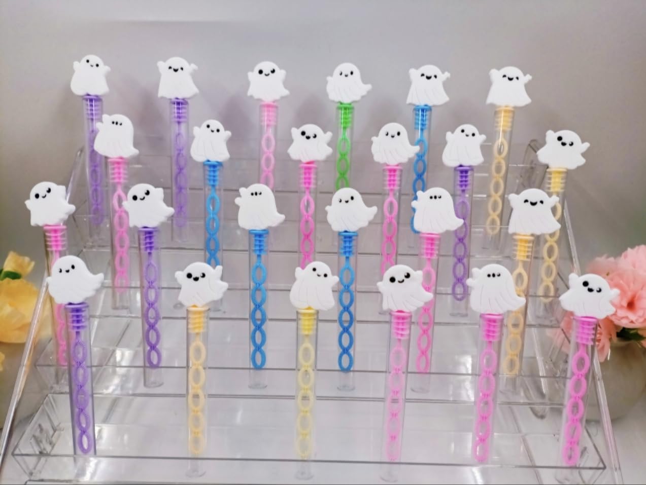 24 Packs Bulk Mini New Halloween Ghosts Shape Bubble Wands, Boys and Girls Holiday Party Favors Student Halloween Party Supply