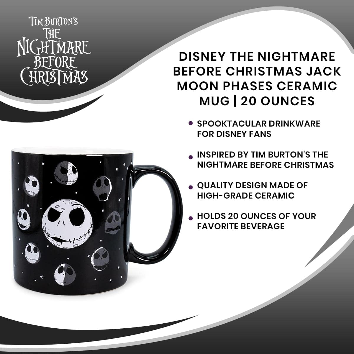 Nightmare Before Christmas Disney The Jack Skellington Moon Phases Ceramic Mug | BPA-Free Large Coffee Mugs and Cups For Beverages, Home & Kitchen Essentials | Halloween Gifts | Holds 20 Ounces