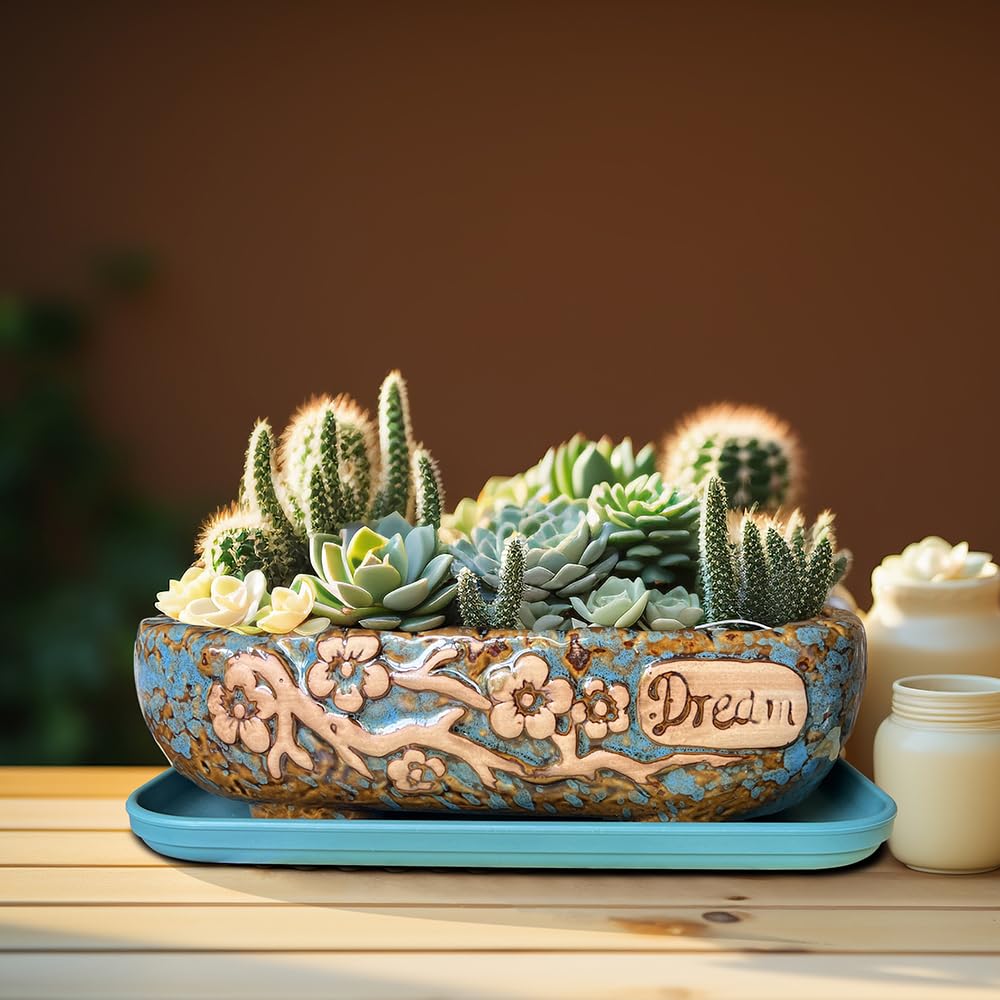 MUZHI 9.5” Rectangular Ceramic Rustic Bonsai Planter Pots with Drip Tray, Glazed Vintage Wide Mouth Shallow Pottery Bonsai Flower Planter Pots with Saucer