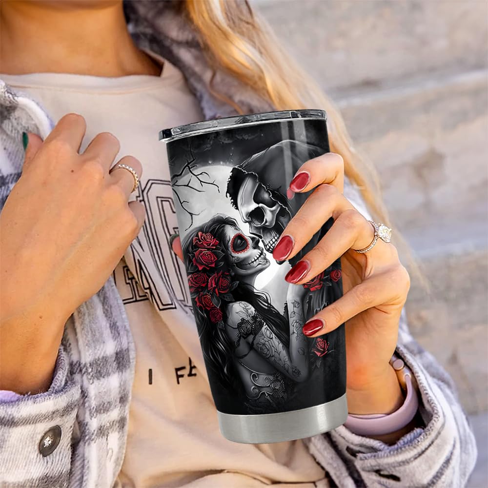 SANDJEST Skull Couple Tumbler 20oz Stainless Steel Insulated Coffee Travel Cup Tumblers Gifts for Wife Husband Boyfriend Girlfriend on Birthday Christmas Valentines Anniversary