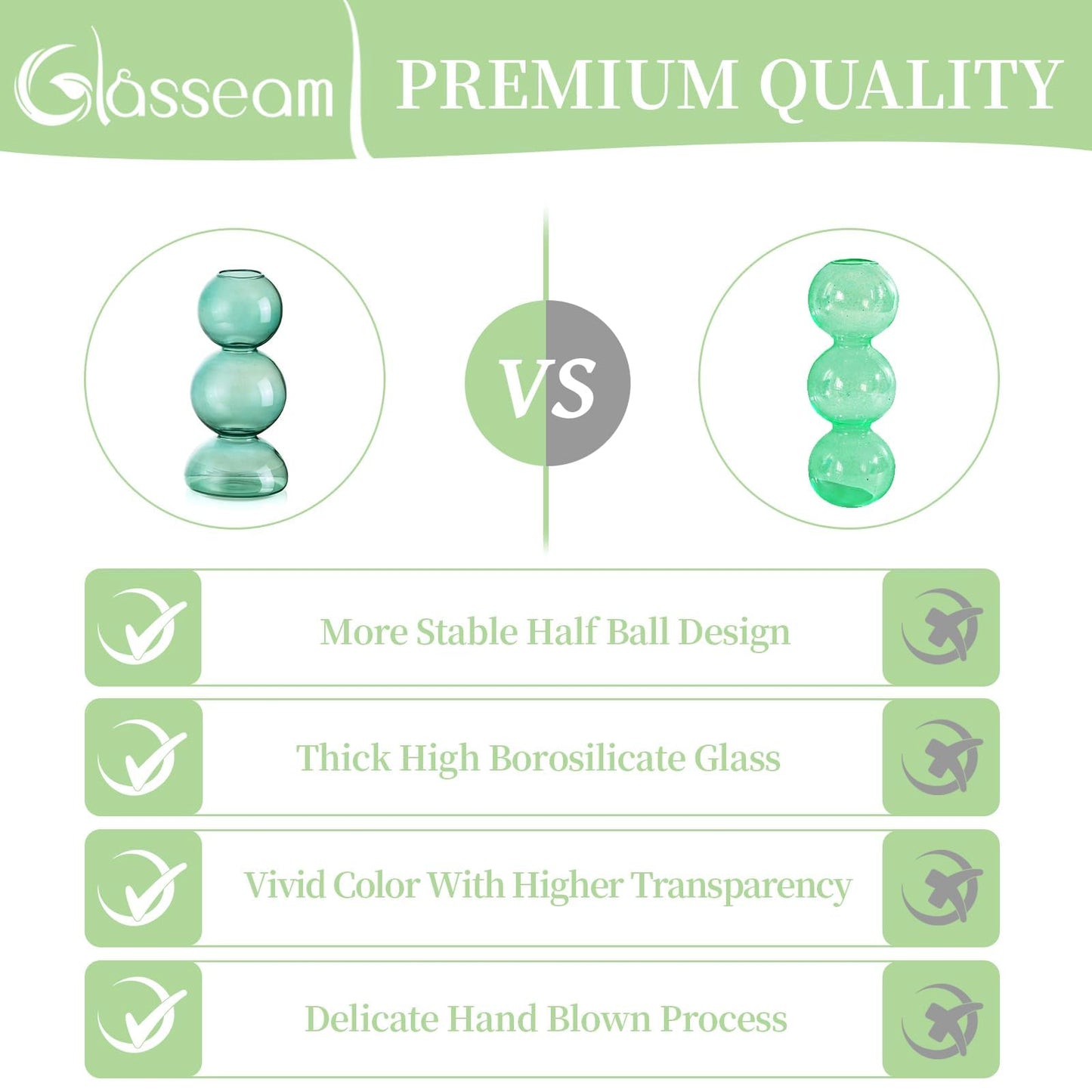 Glassseam Glass Vases for Flowers, Green Bud Vases for Decor, Cute Small Vase, Modern Aesthetic Vase, Unique Round Flower Vase, Decorative Bubble Vases for Centerpieces Wedding Table Decorations