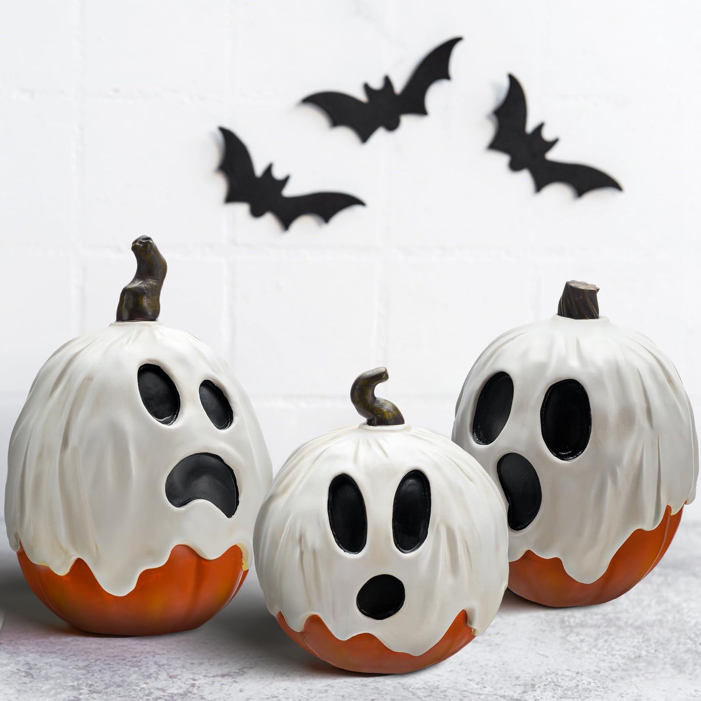 Halloscume 3 Pcs Halloween Ghost Pumpkins Figurines Table Decorations 5.91" 3.94" and 5.12" Resin Pumpkins Statue Tabletop Signs Halloween Decor for Party Shelf Mantel Centerpieces Indoor