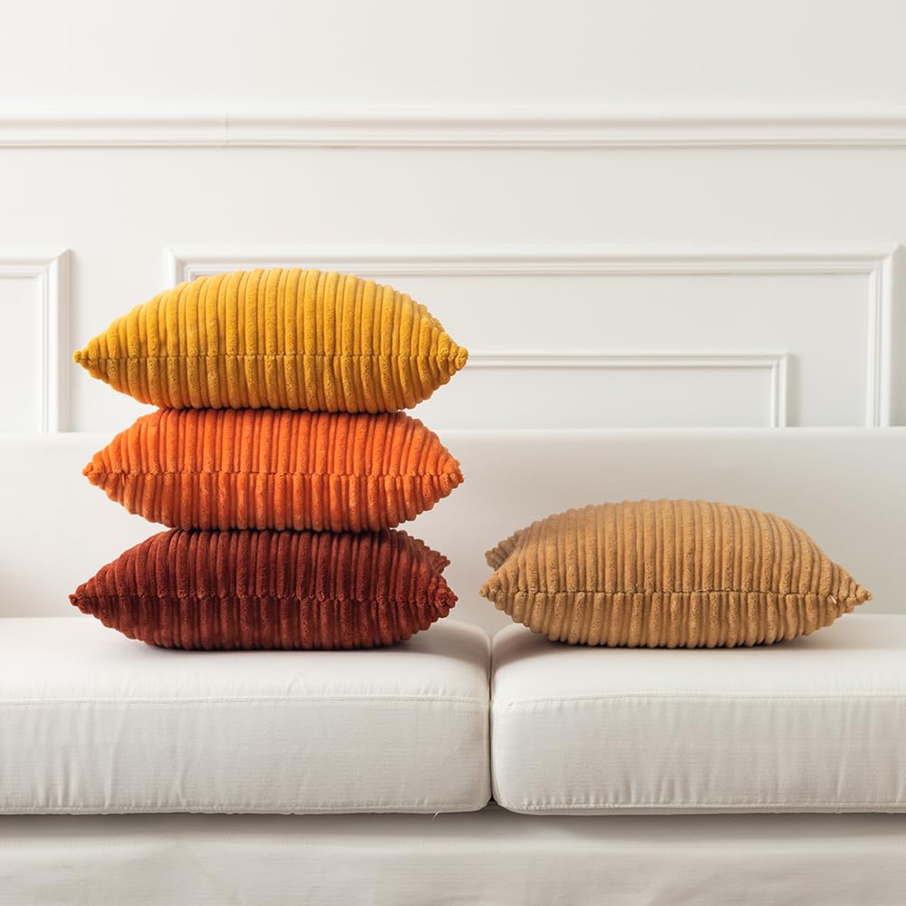Kevin Textile Fall Pillow Covers 18x18 Striped Corduroy Velvet Cushion Covers Set of 2 Baby Square Decorative Pillowcase for Seasonal Autumn, 18 x 18 inch, Orange