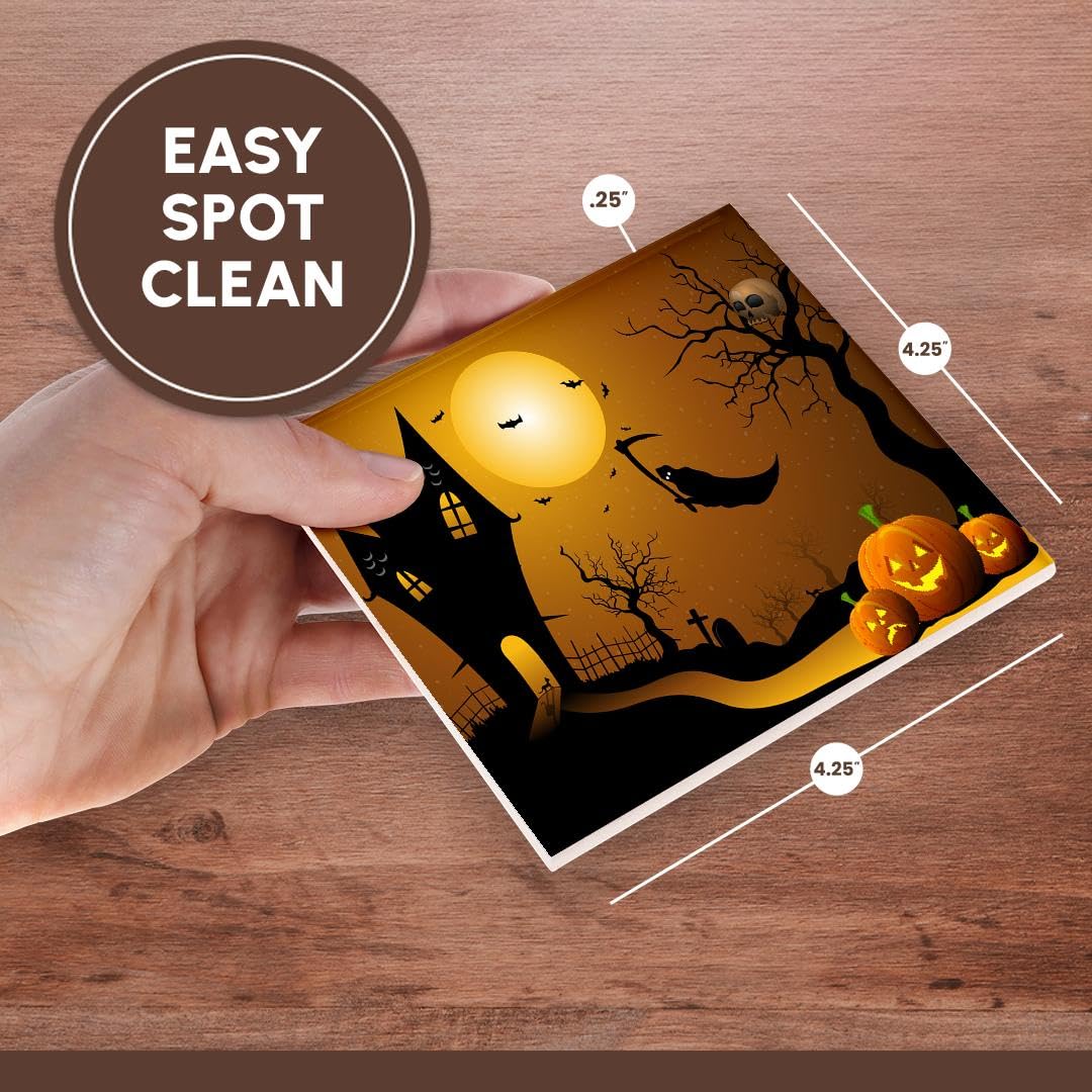 3dRose CST_152289_3 Halloween House with Pumpkins, Skulls, and Bats and The Grim Reaper Ceramic Tile Coasters, Set of 4