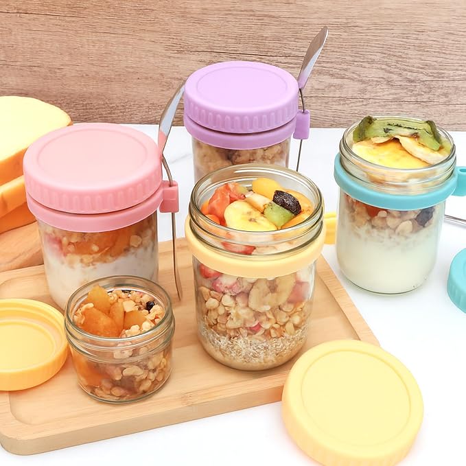 4 Pack Overnight Oats Containers with Lids and Spoons,16 Oz Glass Mason Jars for Overnight Oats Jars, Leak Proof oatmeal Container Meal Prep Jar for Cereal Salad Milk Yogurt Vegetable