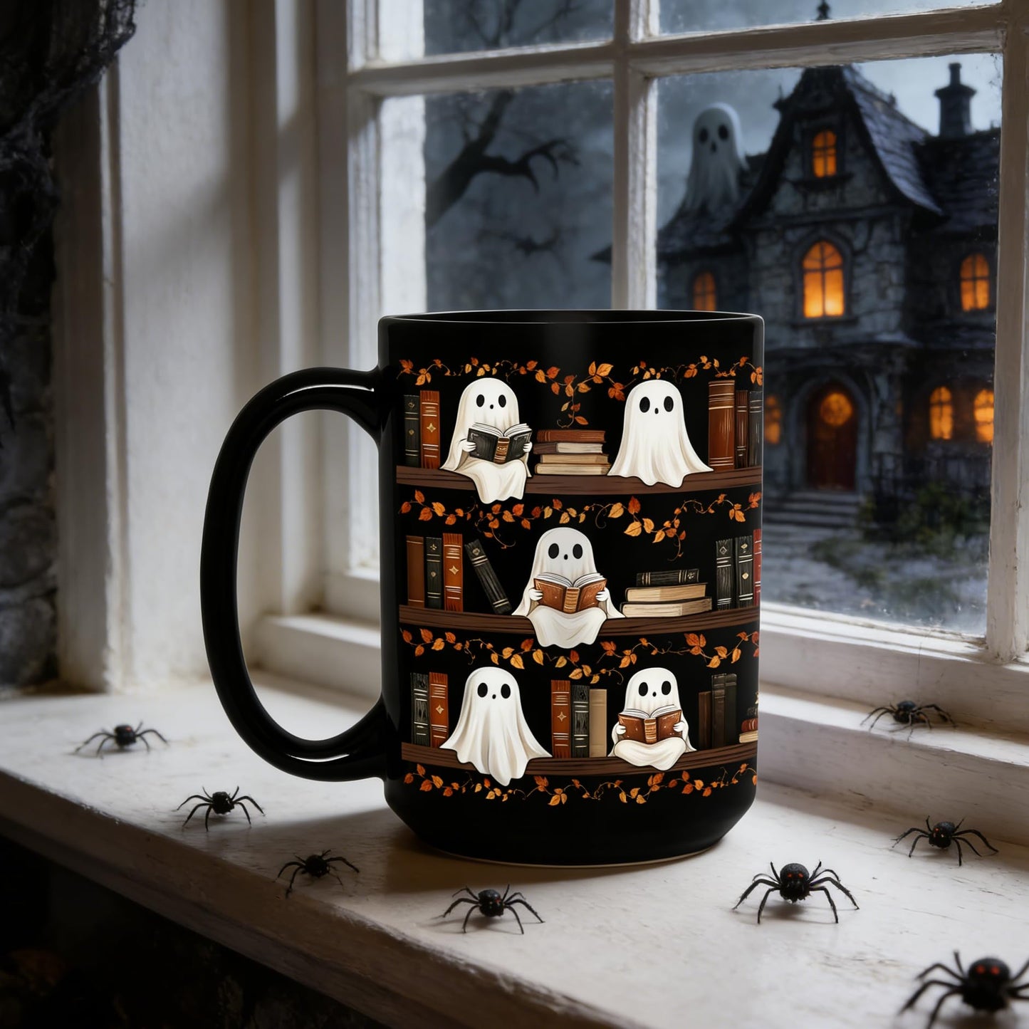 BORULEEY Halloween Cute Ghost Reading Coffee Mug, 15 oz Black Ceramic Tea Cup, Spooky Book Mug for Book Lovers & Readers, Novelty Fun Festive Bookish Gift for Women, Friends & Coworkers