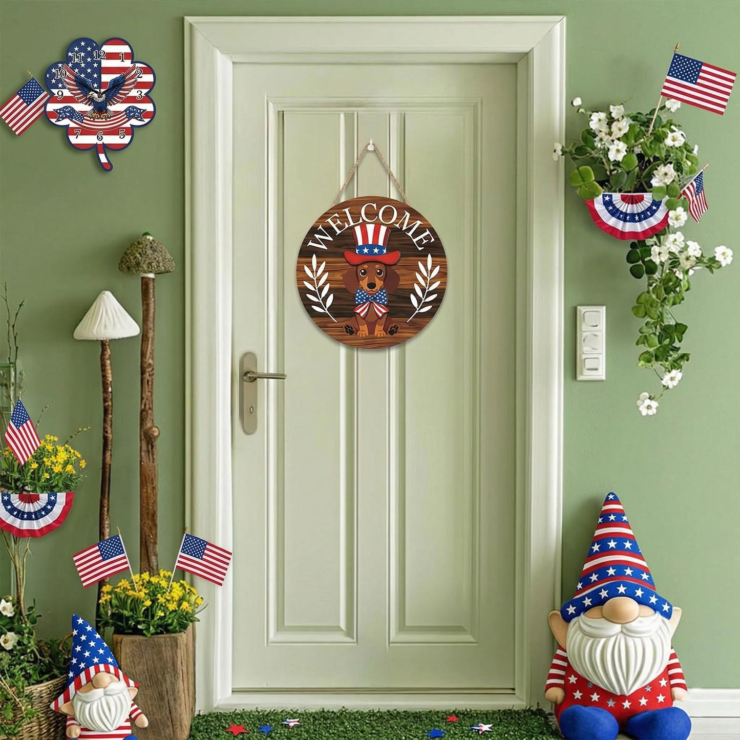 SYBOYEGE Animal-Shaped Round Interchangeable Welcome Sign, Interchangeable Door Sign with Magnetic Accessories & Detachable Hats and Clothes, Interchangeable Seasonal Decor for Easter, Valentines Day (Blue, MZ993A)