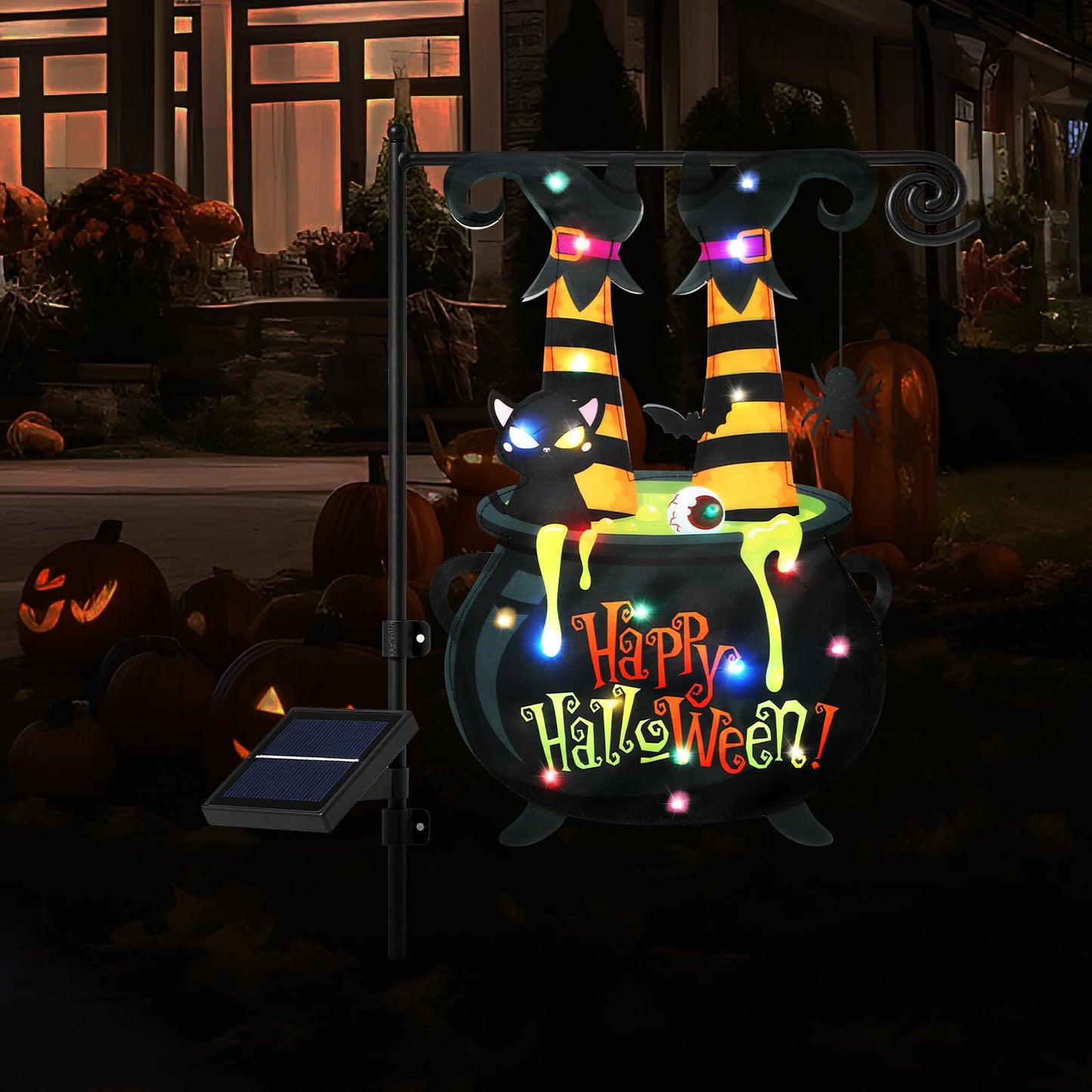 Halloween Lighted Garden Flag 12x18 Inch Witch Feet Shaped Flags 8 Modes Double Side LED Solar Yard Flags Cauldron Eyeball Black Cat Decorations for Garden Patio Yard Lawn Outside Home Decor