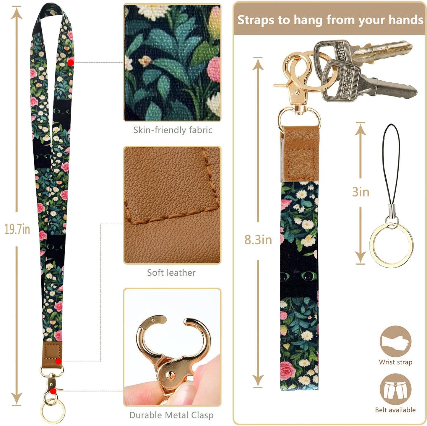 2-in-1 ID Badge Holder & Lanyard Wallet Cute Women Leather Zip ID Case Wallet with Breakaway Wrist Neck Lanyard, Clear Window, 5 Card Slots, Ring Keychain for Worker Teacher Floral Halloween Black Cat