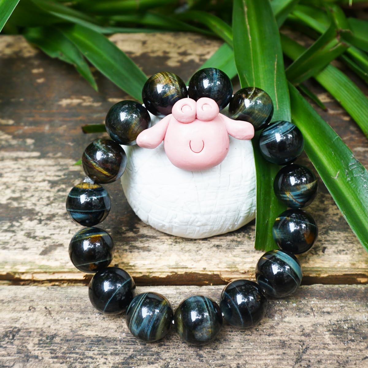 14MM Blue Tiger Eyes With Gold Eyes Bracelet for Men Women, Fits for 7-7.5" Wrist | Protection from Evil Gem | Natural Birthstone for June | Spritual Gift for Friends Familys
