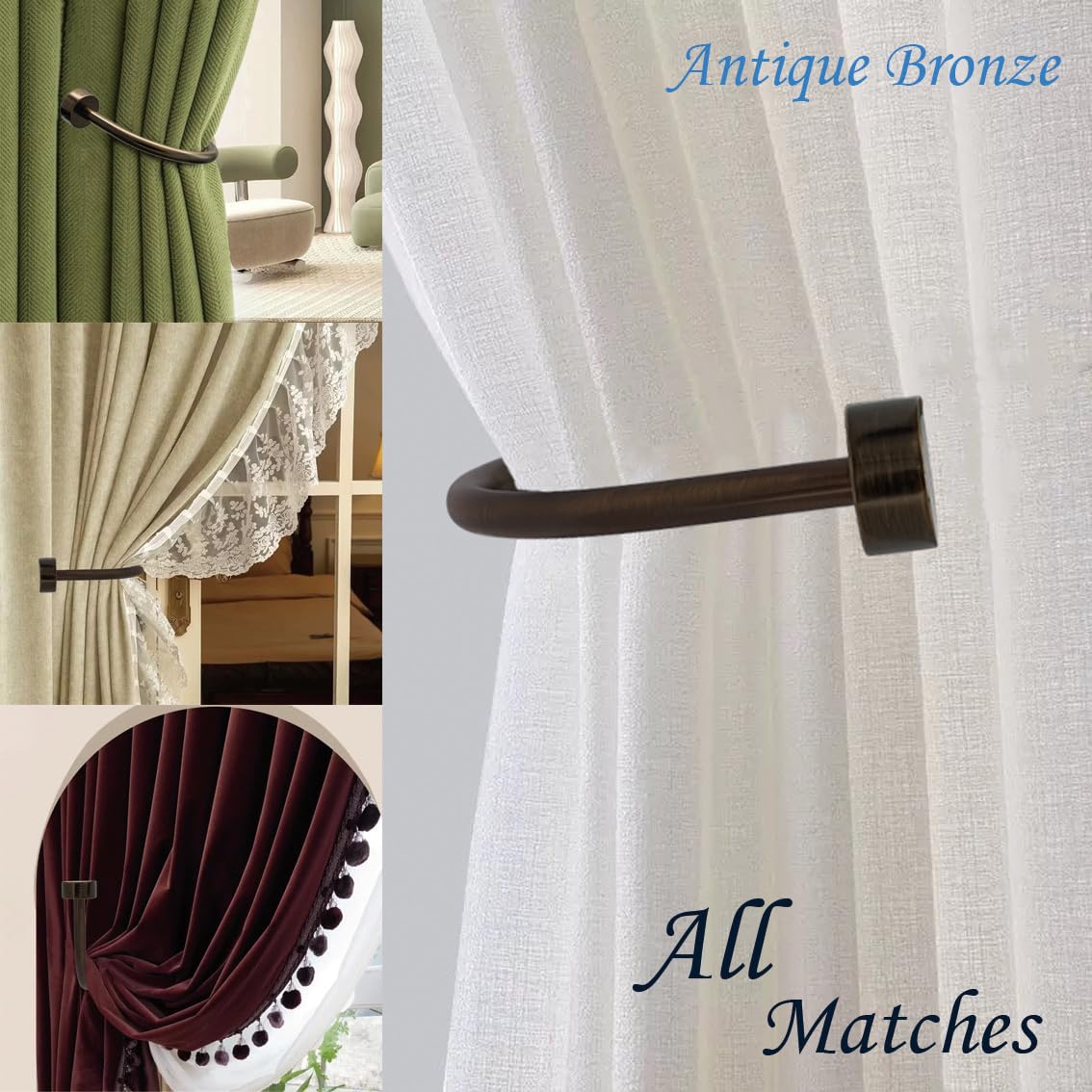 Quality Curtain Holdbacks, Solid Steel Curtain Holdback with Disk Finial,Electroplate Finishes, Set of 2 Window Curtain Tieback Hooks, Antique Bronze