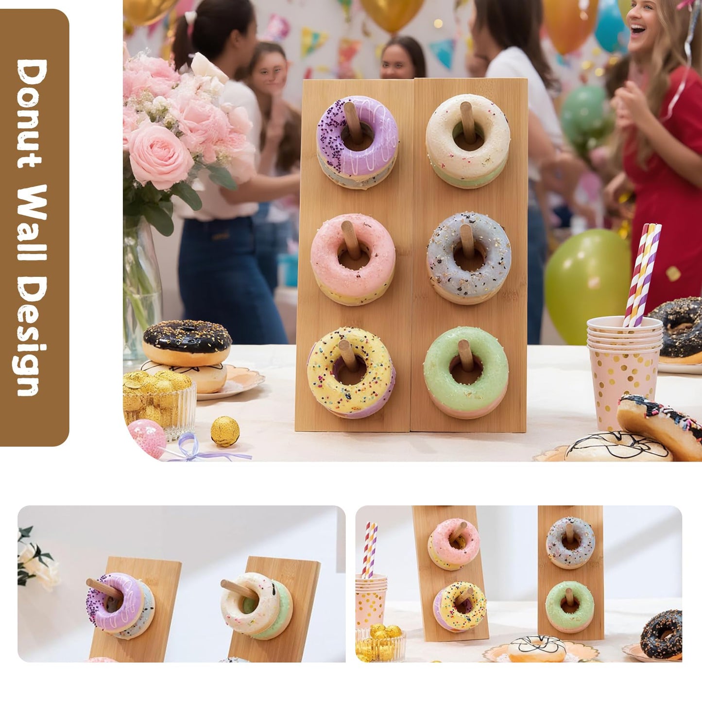 ZHIYUEJING 2 Sets of Donut Stands,Donut Wall Display Holder for Dessert Table,Bamboo Donuts Stand for Wedding, Birthday, Baby Shower Party Decor