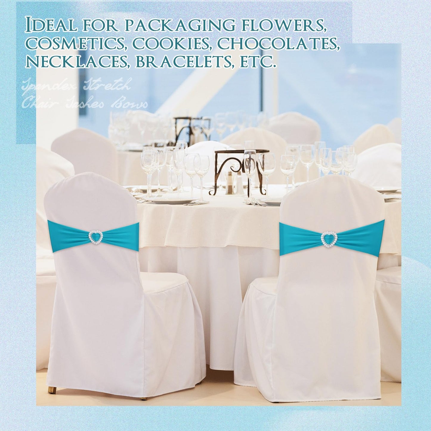 VitalCozy 100 Pcs Spandex Chair Sashes with Heart Shaped Buckle Slider Stretch Chair Cover Band Universal Elastic Ties for Wedding Banquet Event Party Decoration(Turquoise)