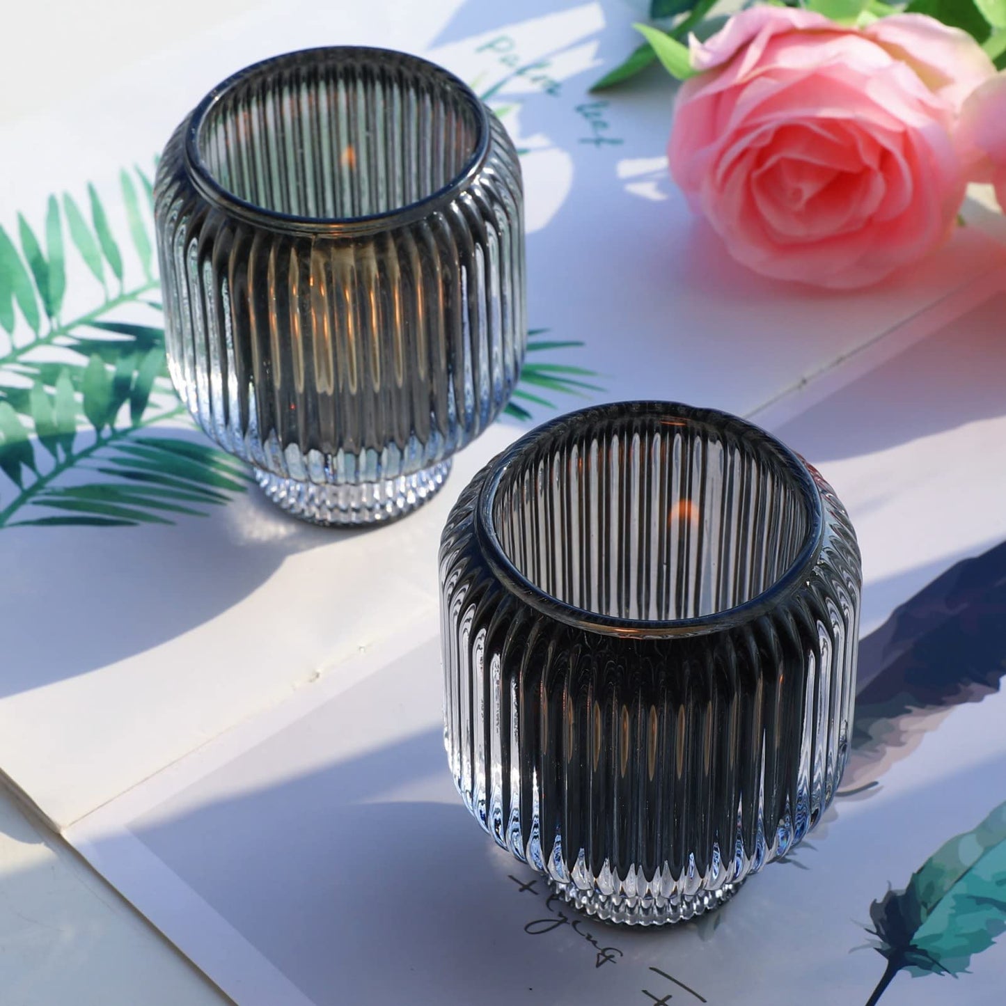 Woho Grey Votive Candle Holders for Table Centerpiece Set of 2, Glass Votive Candle Holder for Home Decor, Tealight Candle Holder Bulk for Birthday