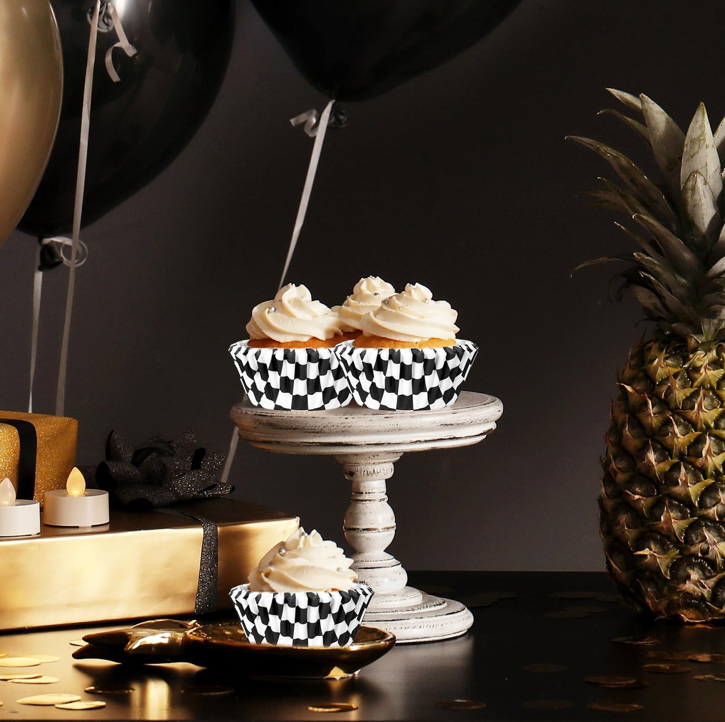 Whaline 300Pcs Checkered Cupcake Liner White Black Baking Cup Checkerboard Muffin Liner Race Car Cake Paper Cup Container for Party DIY Craft, 2x1.2 Inch