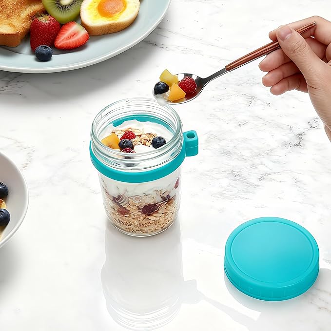 4-Pack Overnight Oats Containers with Lids and Spoons, 16 oz Glass Mason Jars with Airtight Lids and 2.7 oz Condiment Containers for Overnight Oats, Chia Seed Pudding, Yogurt, Snacks, Cereal, Fruit